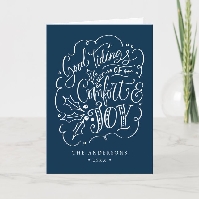 Good Tidings of Comfort & Joy Navy Non-Photo Holiday Card (Front)