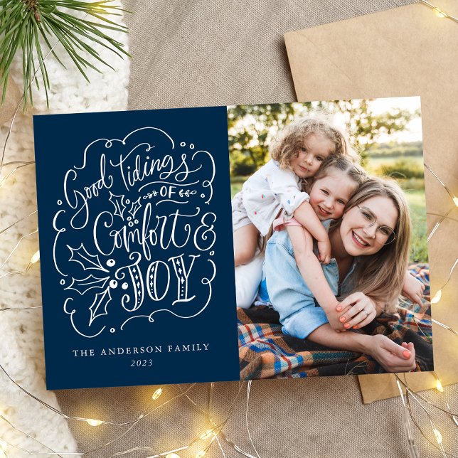 Good Tidings of Comfort & Joy Navy Photo Holiday Card (Creator Uploaded)