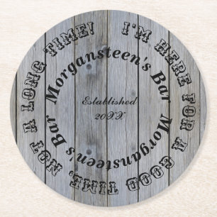 Good Time Wood Look Bar or Man Cave Name Round Paper Coaster