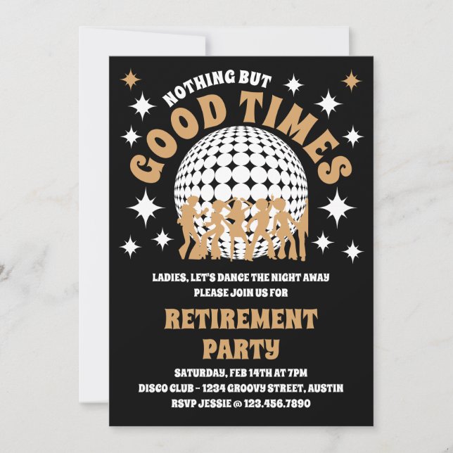 Good Times Groovy Black and Gold Retirement Party  Invitation (Front)