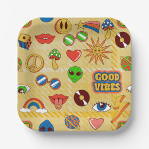 good vibes alien groovy pop art 1970s plaid paper plate
