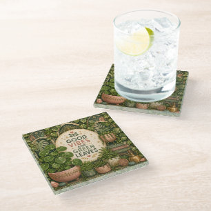 Good Vibes And Green Leaves Glass Coaster