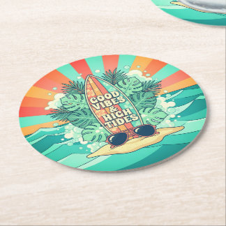 Good Vibes and High Tides Round Paper Coaster