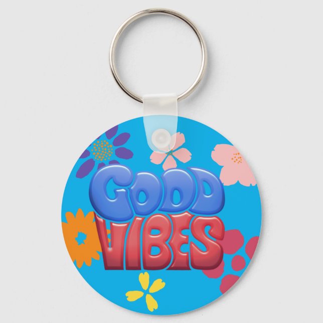 Good Vibes Bubble Letters & Hippy Flowers Key Ring (Front)
