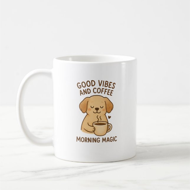 Good Vibes & Coffee – Playful Puppy Digital Artwor Coffee Mug (Left)