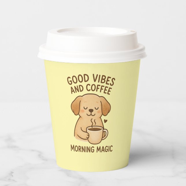 Good Vibes & Coffee – Playful Puppy Digital Artwor Paper Cups (Front)
