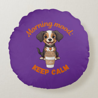 Good Vibes & Coffee – Playful Puppy Digital Artwor Round Cushion
