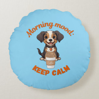 Good Vibes & Coffee – Playful Puppy Digital Artwor Round Cushion
