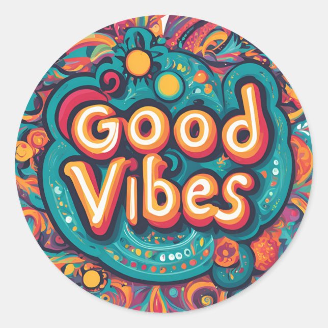 Good Vibes Colourful Groovy Hippie Retro Classic Round Sticker (Front)