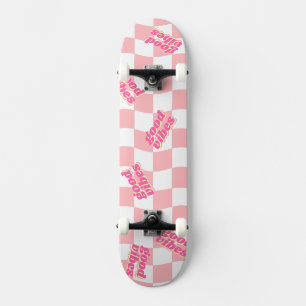 Good Vibes Girly Pastel Pink White Checkered Skateboard