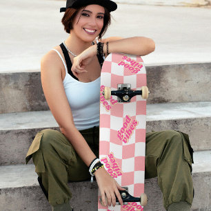 Good Vibes Girly Pastel Pink White Chequered Skateboard