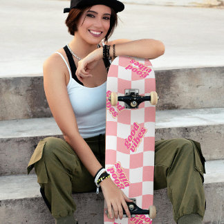 Good Vibes Girly Pastel Pink White Chequered Skateboard