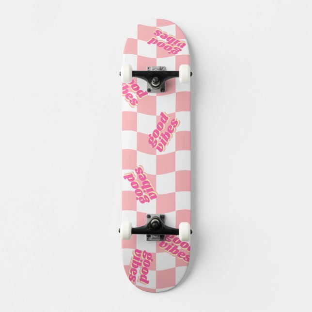 Good Vibes Girly Pastel Pink White Chequered Skateboard (Front)