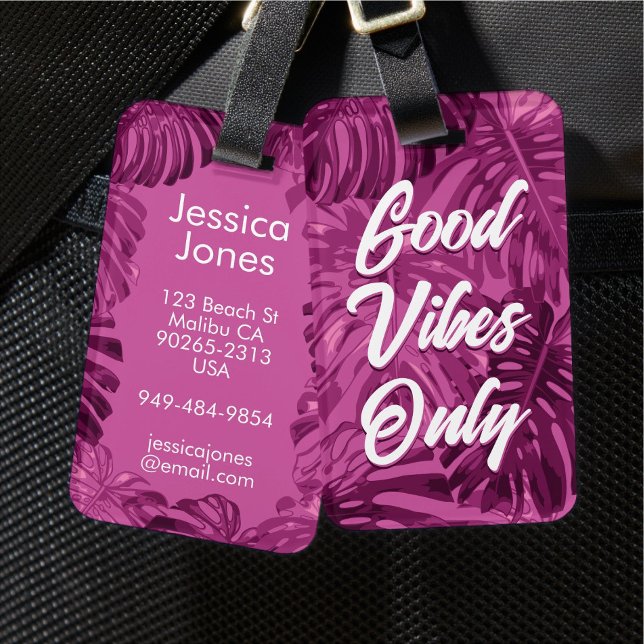 Good Vibes Girly Tropical Purple Leaves Luggage Tag (Creator Uploaded)