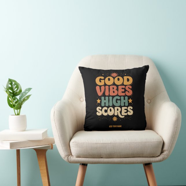 Good Vibes & High Scores Retro 70s Custom Typograp Cushion (Chair)
