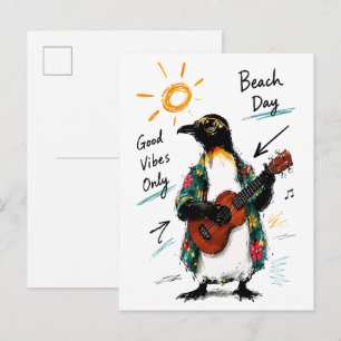 Good Vibes Only Beach Penguin Playing Ukulele Postcard