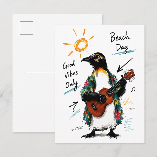 Good Vibes Only Beach Penguin Playing Ukulele Postcard (Front/Back)
