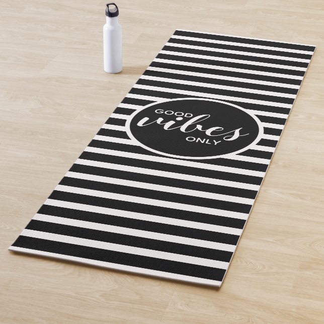 Good Vibes Only Black White Stripe Quote Fitness Yoga Mat (In Situ)