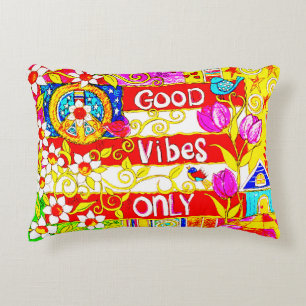 Good Vibes Only, Boho Peace Sign, Daisies, Flag, Decorative Cushion