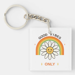 Good Vibes Only Cute Retro 70s Daisy Flower Rainbo Key Ring
