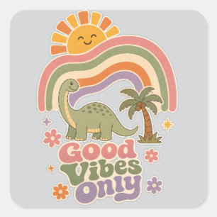 Good Vibes Only Dinosaur Retro Boho Rainbow Dino Square Sticker