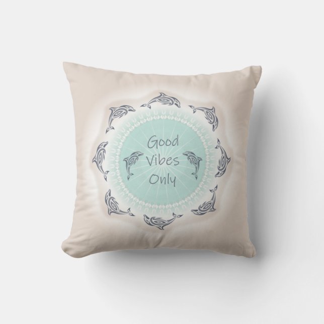 Good Vibes Only | Dolphins Tan Mint Coastal Cushion (Front)