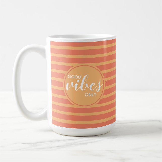 Good Vibes Only Fun Orange Stripe Typography Quote Coffee Mug (Left)