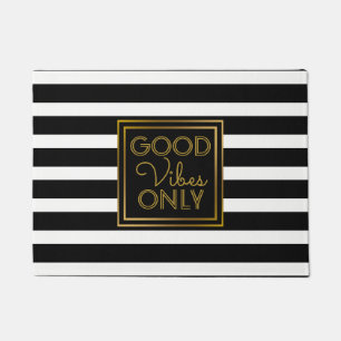 Good Vibes Only Gold Modern Black and White Stripe Doormat