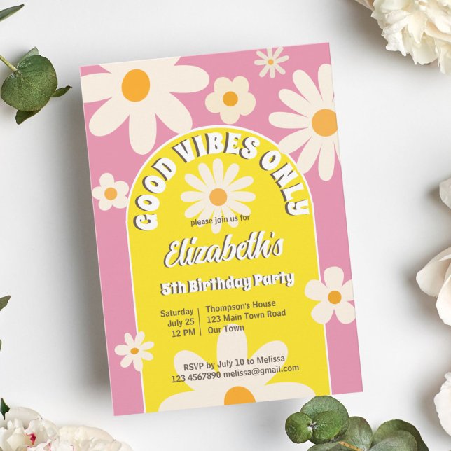 Good vibes only groovy retro daisy birthday invite (Creator Uploaded)