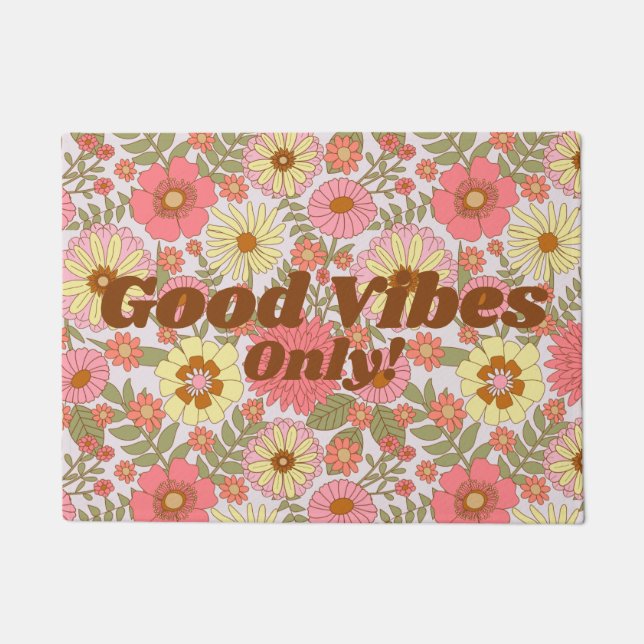 'Good Vibes Only' Happy Colourful Floral Door Mat (Front)