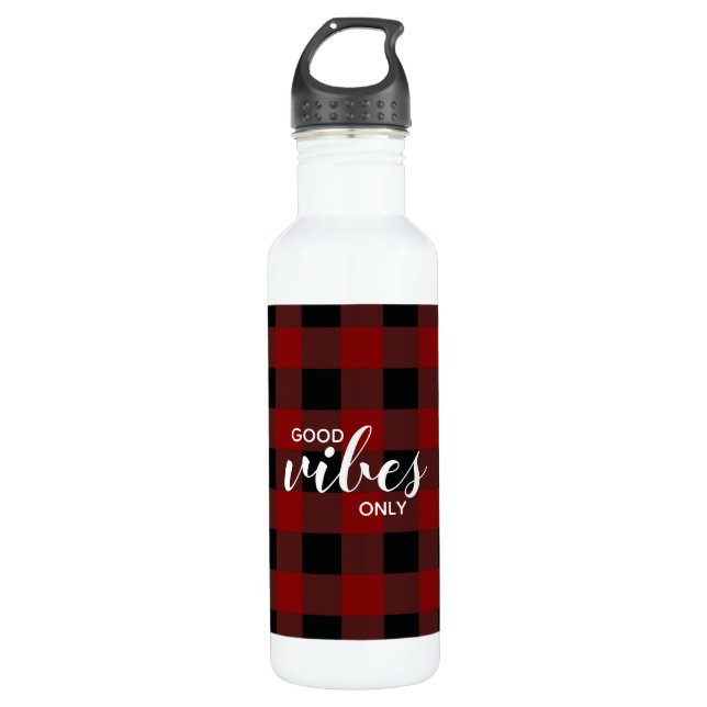 Good Vibes Only Modern Typography Red Black Plaid 710 Ml Water Bottle (Front)