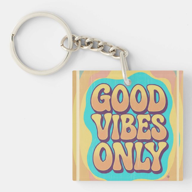 Good vibes only retro groovy style key ring (Front)