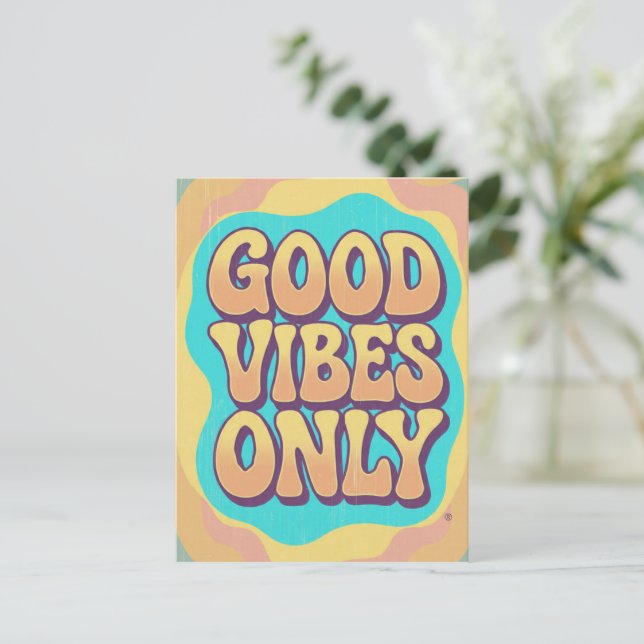 Good vibes only retro groovy style postcard (Standing Front)