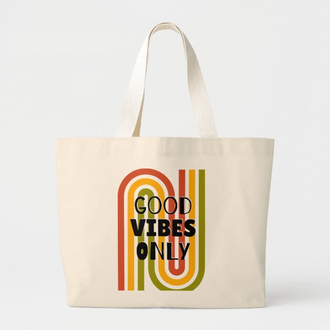 'Good Vibes Only' Retro Rainbow  Large Tote Bag (Front)