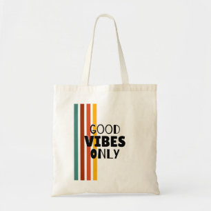 'Good Vibes Only' Retro-Striped Minimalist Tote Bag