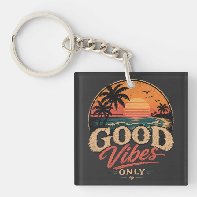 Good Vibes Only Retro Sunset Design Key Ring (Front)