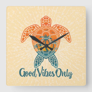 Good Vibes Only Tropical Sunset Sea Turtle Design Square Wall Clock