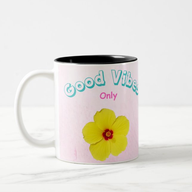 Good Vibes Only Yellow Hibiscus Art Two-Tone Coffee Mug (Left)
