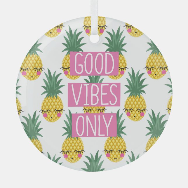 Good Vibes Pineapples Summer Pattern Glass Tree Decoration (Front)