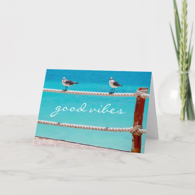 Good vibes quote seagull birds beach ocean photo card (Front)