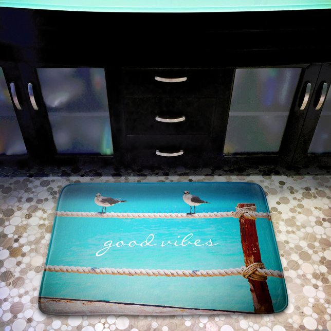 Good Vibes Quote White Seagull Beach Birds Photo Bath Mat (Creator Uploaded)