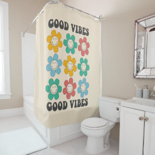 Good Vibes Retro Colorful Daisy Flowers Shower Curtain