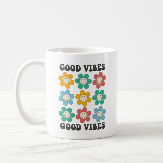 Good Vibes Retro Colourful Daisy Flowers Coffee Mug (Left)