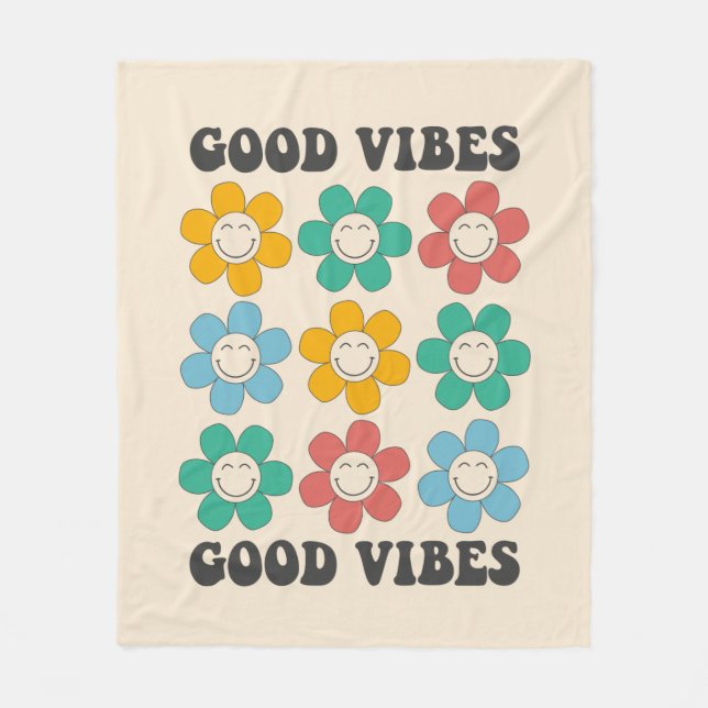 Good Vibes Retro Colourful Daisy Flowers Fleece Blanket (Front)