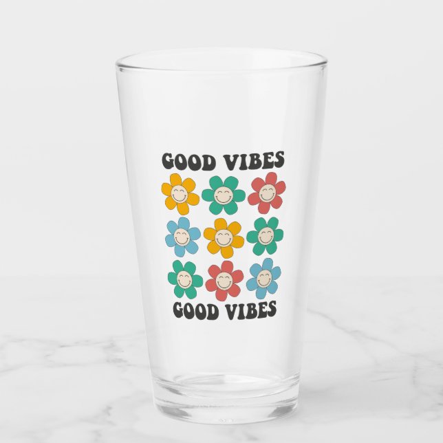 Good Vibes Retro Colourful Daisy Flowers Glass (Front)