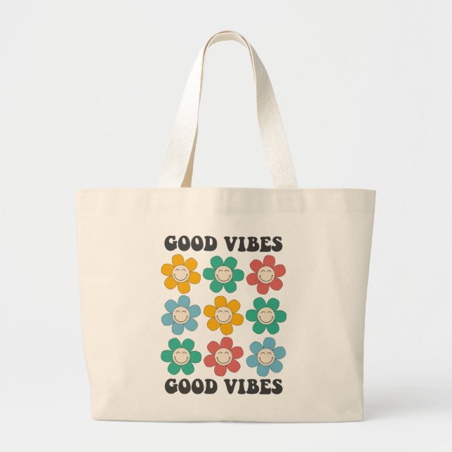 Good Vibes Retro Colourful Daisy Flowers Large Tote Bag (Front)
