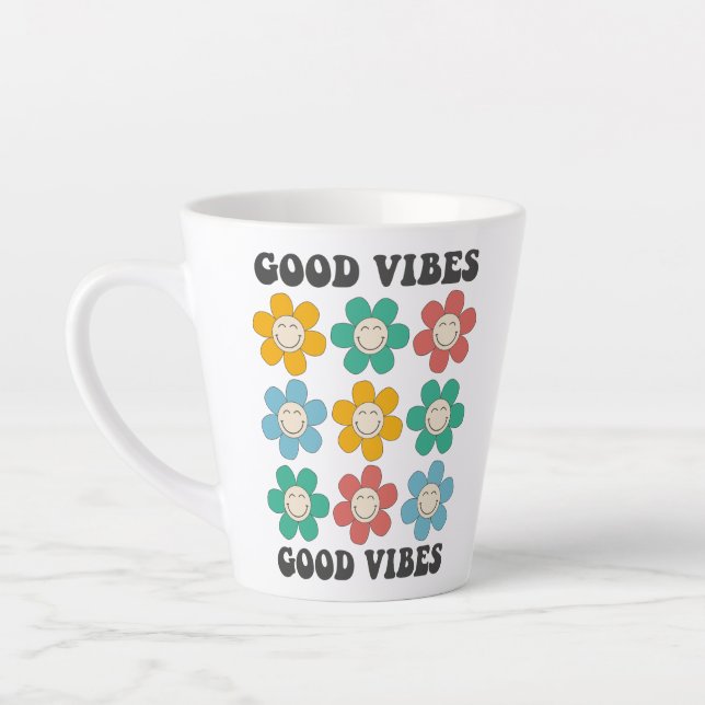 Good Vibes Retro Colourful Daisy Flowers Latte Mug (Left)