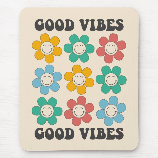 Good Vibes Retro Colourful Daisy Flowers Mouse Mat (Front)
