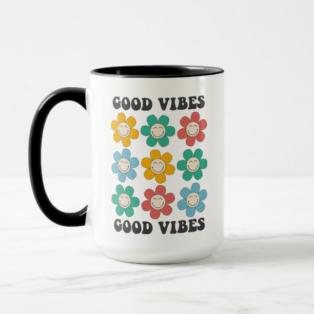 Good Vibes Retro Colourful Daisy Flowers Mug (Left)