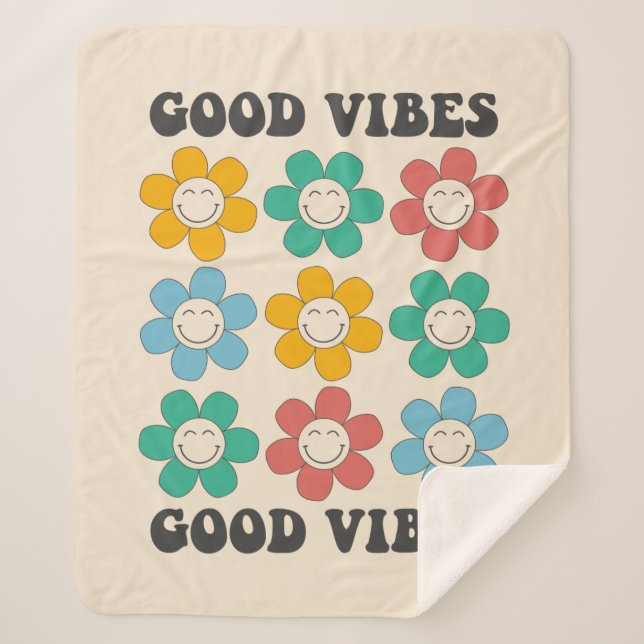 Good Vibes Retro Colourful Daisy Flowers Sherpa Blanket (Front)